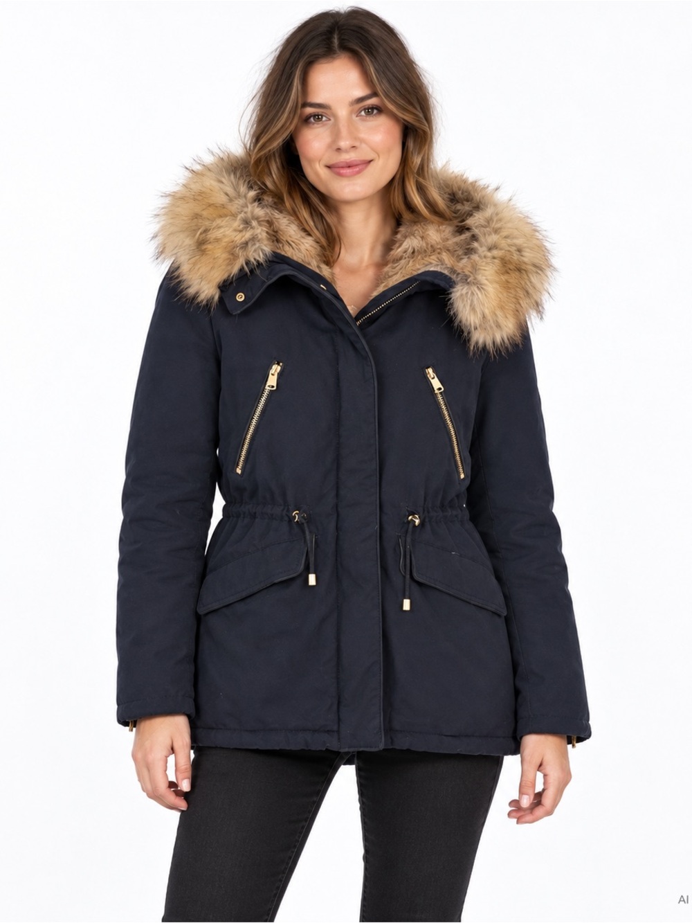 Zara Trafaluc Navy Hooded Parka Coat Gold Zippers Size XS
